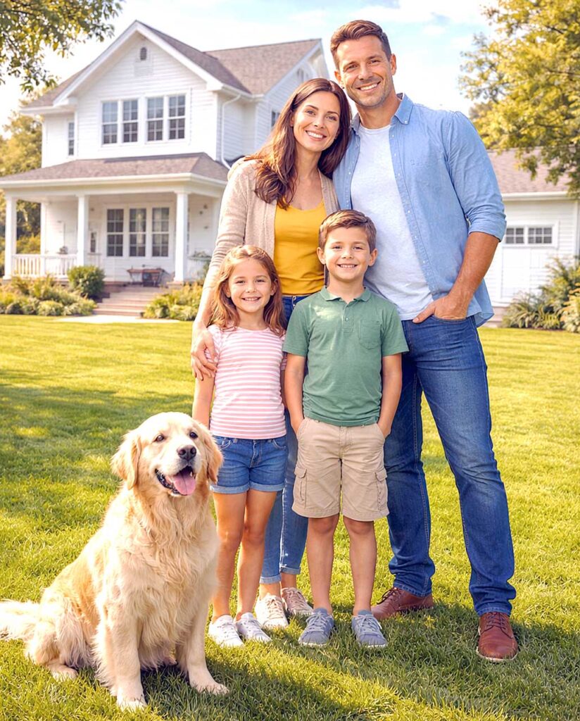 Familia que posa en el césped de su patio.